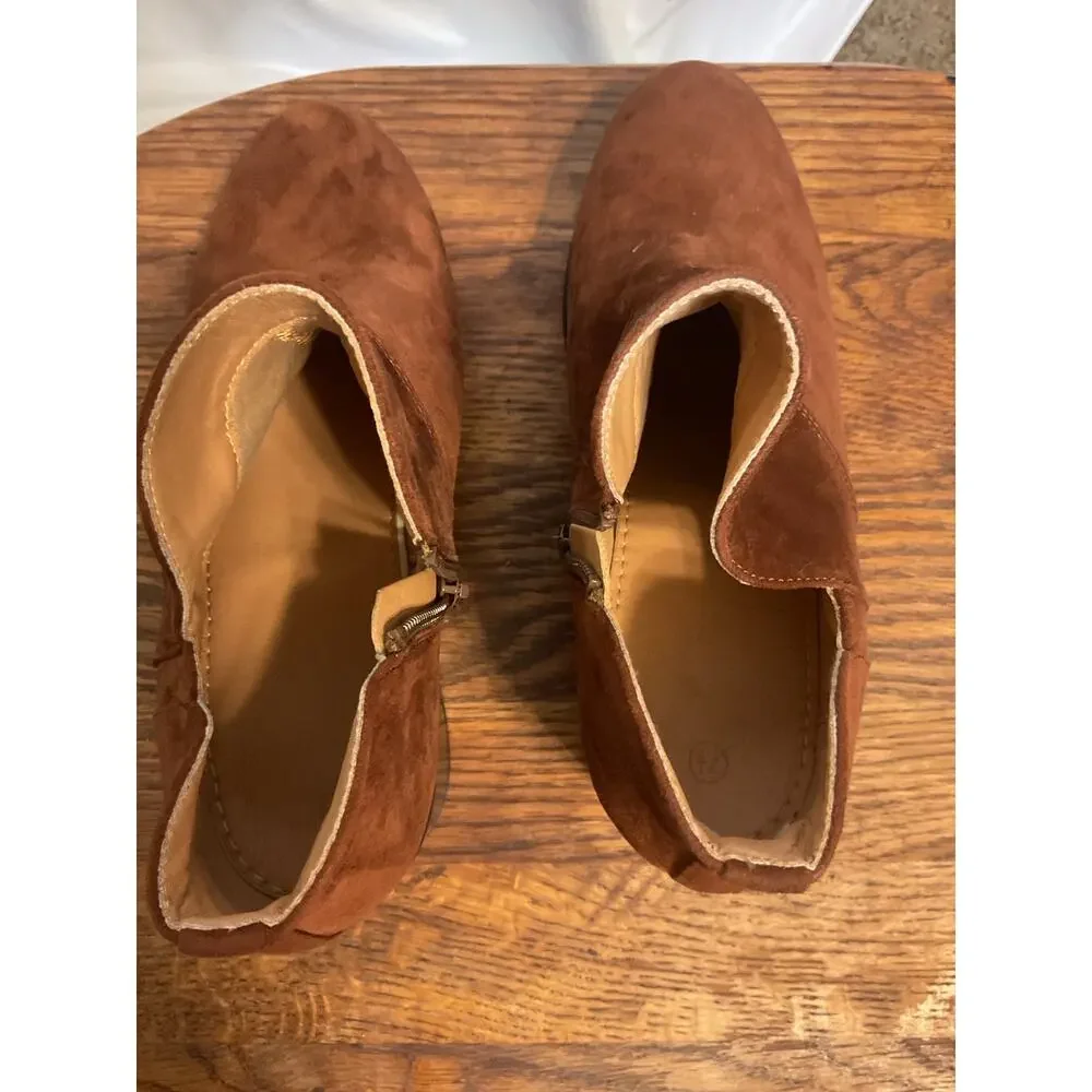 Women’s Brown Suede Ankle Boots Cutout Side Zip Block Heel Size 7.5